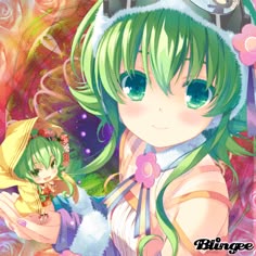 an anime character with green hair and blue eyes, holding a doll in her hand