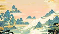 an artistic painting of mountains and water with clouds in the sky over them, as well as birds flying overhead