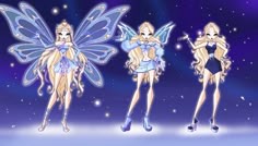 three fairy girls with wings and bodysuits in front of a night sky background