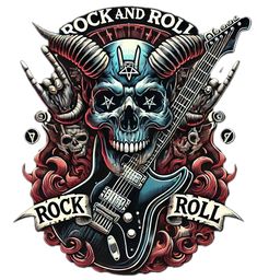 a rock and roll skull with horns on it's head, holding an electric guitar