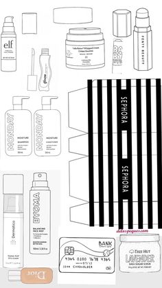 an assortment of skin care products cut out on a white background with black and white lines