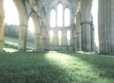 sunlight shining through the windows of an old building with grass growing on the floor and walls
