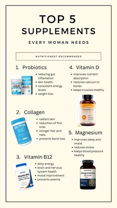 Discover the top 5 essential supplements every woman should consider! From boosting energy with Vitamin B12 to supporting bone health with Magnesium and Vitamin D, plus the benefits of Collagen and Probiotics for overall wellness. These powerful nutrients help you feel your best, inside and out. #HealthyLiving #WomensHealth #Supplementsforwomen #HealthyLivingWithArietta Health Vitamins, Women Health Vitamins, Supplements For Women, Vitamins For Women, Health Knowledge, Health And Beauty Tips, Health Facts, Health Remedies, Health Supplements