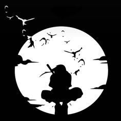 the silhouette of a person sitting in front of a full moon with birds flying around