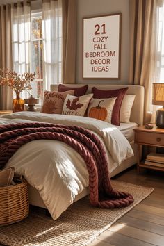 a bedroom with a large bed covered in blankets and pillows