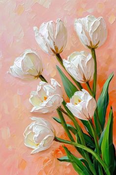 a painting of white tulips on a pink background
