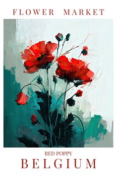 a painting of red flowers on a white background with the words flower market below it