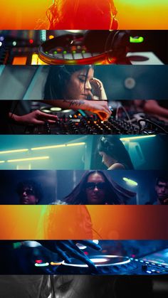 a series of different colored images with people in the background