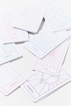 six cards with different shapes and sizes on them, all showing the same color scheme