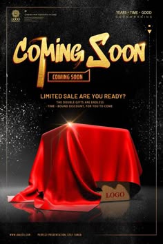an advertisement for coming soon with a red table cloth on it