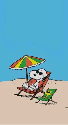a cartoon dog sitting in a beach chair under an umbrella