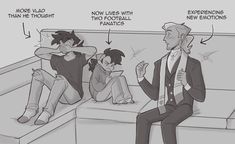 two people sitting on a couch talking to each other and one person holding his head