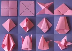 the steps to make origami flowers are shown in different stages of construction, including paper