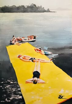a painting of people doing yoga on a floating platform near the water with boats in the background