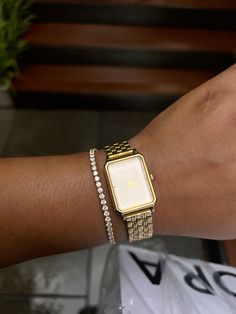 Quiet luxury temnis bracelet and gold watch. Watch And Tennis Bracelet, Rosefield Ace Xs, Timeless Gold Watch With Jubilee Bracelet, Gold Square Watch With Bracelet, Luxury Timeless Gold-tone Bracelet, Gold Rectangular Watch With Jubilee Bracelet, Rosefield Watches Women Gold, Luxury Gold Watch With Tachymeter, Rosefield Gold Watch