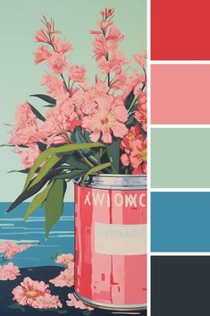Illustrated floral artwork in coral and pink tones with a color palette showing coral red, blush pink, mint green, teal blue, and charcoal.