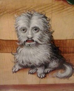 a painting of a dog sitting on top of a wooden chair with its mouth open