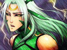 an anime character with green hair and lightning in the background