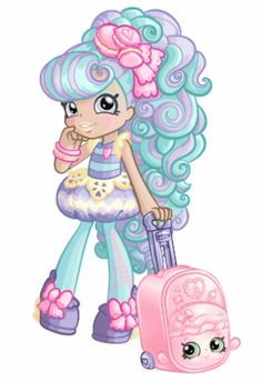 a cartoon girl with blue hair holding a pink suitcase