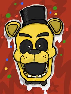 a cartoon dog with a top hat on its head and eyes, standing in front of a red background