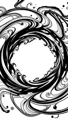 an artistic black and white drawing of swirls in the shape of a circle on a white background