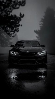 a black and white photo of a bmw car in the rain with trees behind it