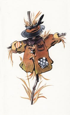 a drawing of a scarecrow with a hat and coat