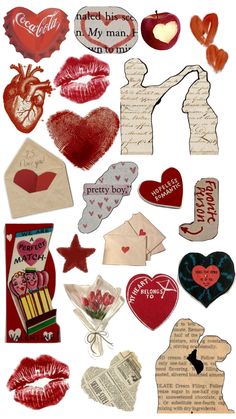valentine's day collage with paper hearts, envelopes and other things to make it