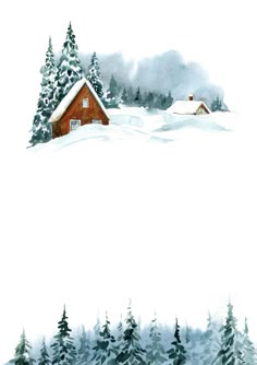 a painting of a cabin in the middle of a snow covered field with evergreen trees