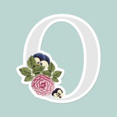 the letter o is decorated with flowers and birds on it's back, as well as an image of a ladybug holding a large pink flower