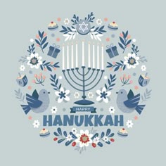 happy hanukkah greeting card with menorah, birds and flowers around it