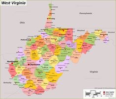 a large map of west virginia with all the towns
