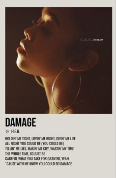 a woman's profile with the words damage written below her ear and in front of her face
