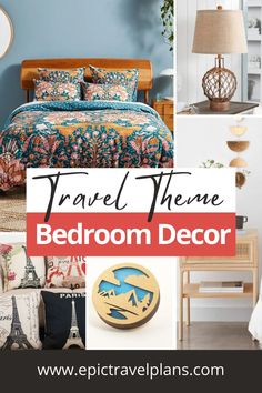 a collage of photos with the words travel theme bedroom decor