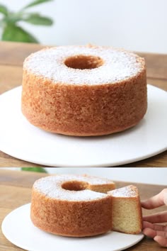 two photos of a cake on plates with one being sliced and the other is half eaten
