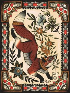 a painting with an animal and flowers on it