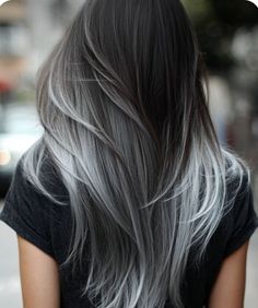 Silver Dark Brown Hair, Brunette To Silver Hair, Dark To Silver Ombre Hair, Gray Hair Ombre, Grey To Dark Ombre Hair, Moonlight Hair Color, Brown Silver Hair, Grey Balayage Brunettes, Grey Ends Hair
