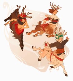 three cartoon characters are riding horses with antlers on their heads and horns, one is running while the other runs