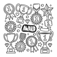 the word award surrounded by various trophies and awards on a white background with black outline