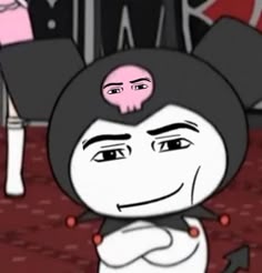 an animated image of a woman with black hair and pink eyes, wearing a white dress