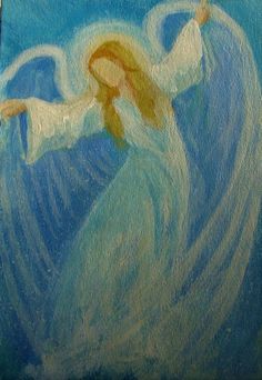 an angel painting with blue and white colors