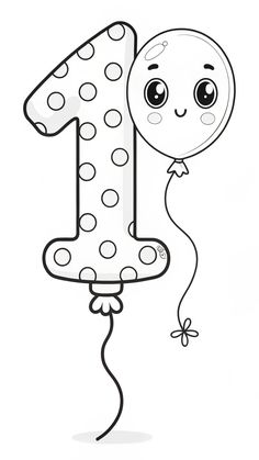 the number one balloon with a smiley face on it is outlined in black and white