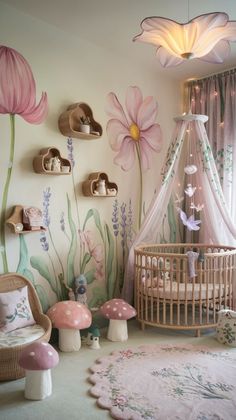 a baby's room decorated in pink and green with flowers on the wall, crib, mushrooms, and other decorations