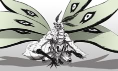 a drawing of a butterfly with feathers on it's back legs and wings spread out