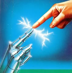 a hand reaching for a lightening device in front of a blue sky with lightning