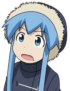 an anime character with blue hair wearing a black jacket and white fur on his head