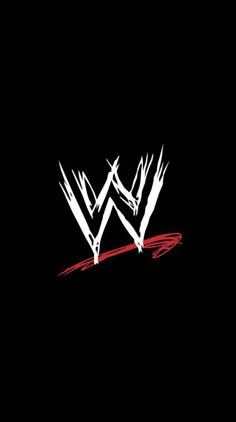 the wwe logo on a black background with red and white paint splattered over it
