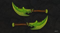 two green objects with wooden handles on black ground, one is shaped like a leaf and the other is shaped like a bat