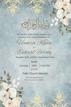 the wedding card is decorated with flowers and gold foil on a blue, gray background