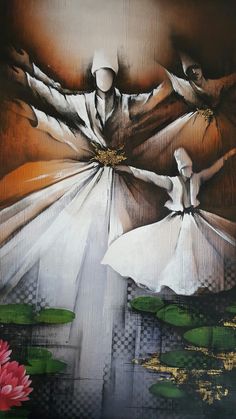 a painting of two people dancing in front of water lilies